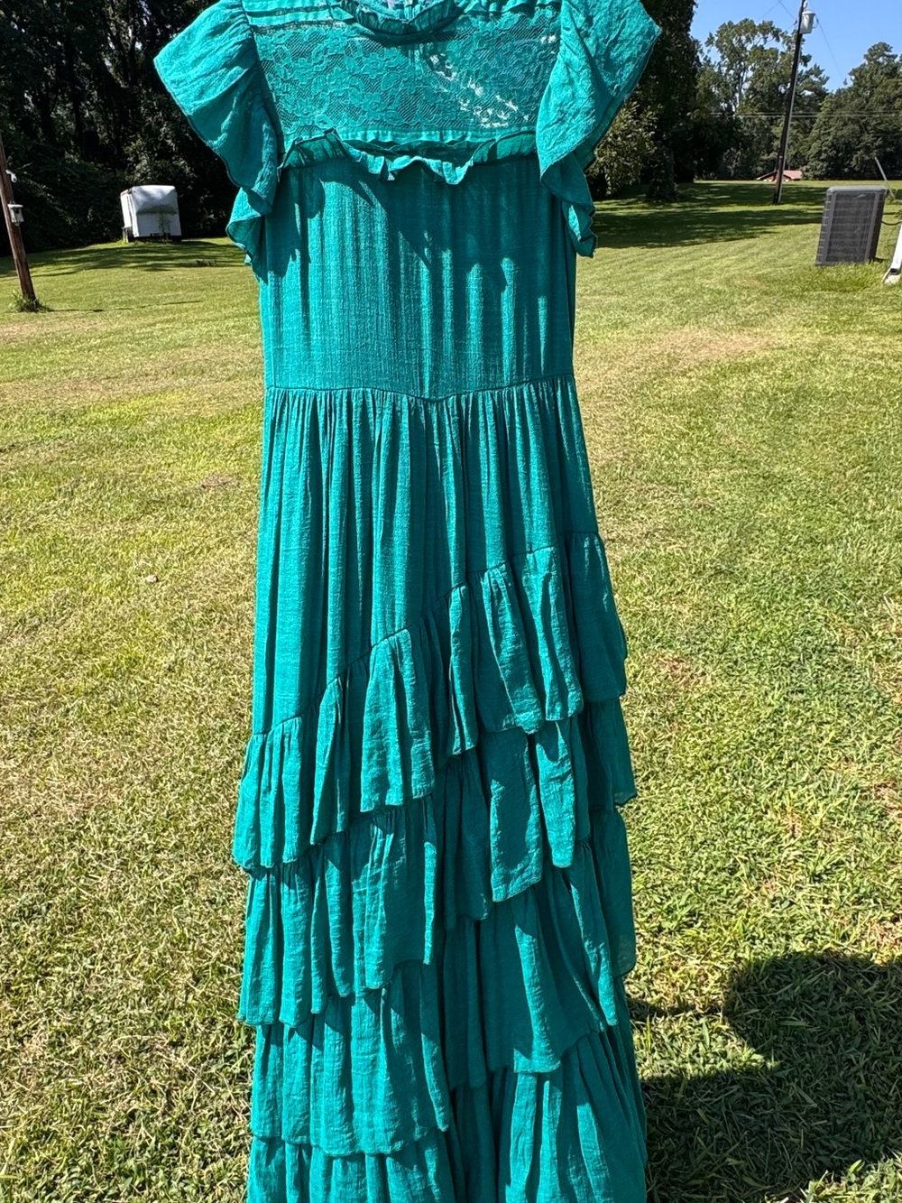 Girl’s Mia Joy Teal Tiered Maxi Dress with Lace Yoke